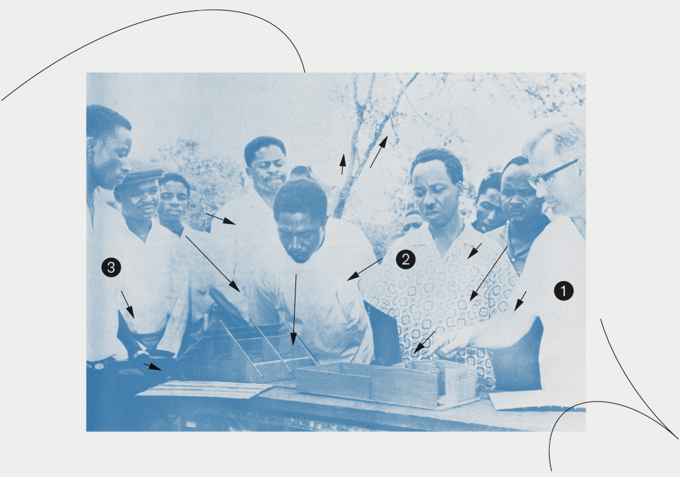 (1) Bertil Melin, the Swedish director of the Nordic Tanganyika Project in Kibaha, showing a model of low-cost housing to (2) President Julius Nyerere, c. 1963-64. To the far left, (3) Mr. Dennis, the carpenter who made the models, co-designed the housing project, and “test-lived“ in the first constructed house with his family. From Torvald Åkesson, ‘Education - In Marble Halls or Under Trees. Low-Cost Houses in East Africa, Especially Ethiopia and Tanzania’, compiled self-published report, c. 1965, Stockholm. Collection KTH Library.